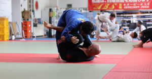 2 men performing martial arts on a matted floor