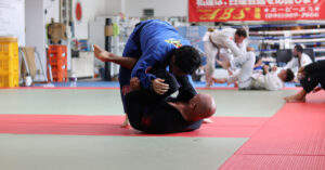 2 men performing martial arts on a matted floor