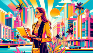 illustration depicting a Miami-based female entrepreneur, designed to reflect the vibrant and colorful Miami style.