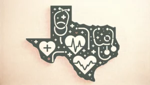 minimalist style image depicting Texas healthcare. The design incorporates elements such as a simple outline of Texas filled with medical symbols to represent the healthcare system in the state.