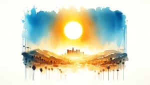 minimalist watercolor image depicting the climate of Los Angeles, capturing the essence of LA's sunny, mild climate through a simple yet evocative visual representation featuring a large, radiant sun, palm trees, rolling hills, and the iconic skyline under a clear blue sky