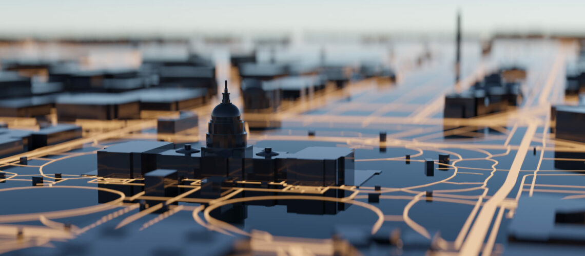 Washington DC hi-tech smart city background. 3D rendering.