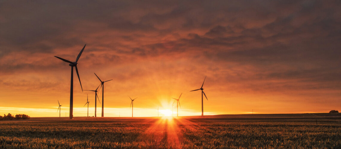 a field of windmills with a setting sun landscape behind them