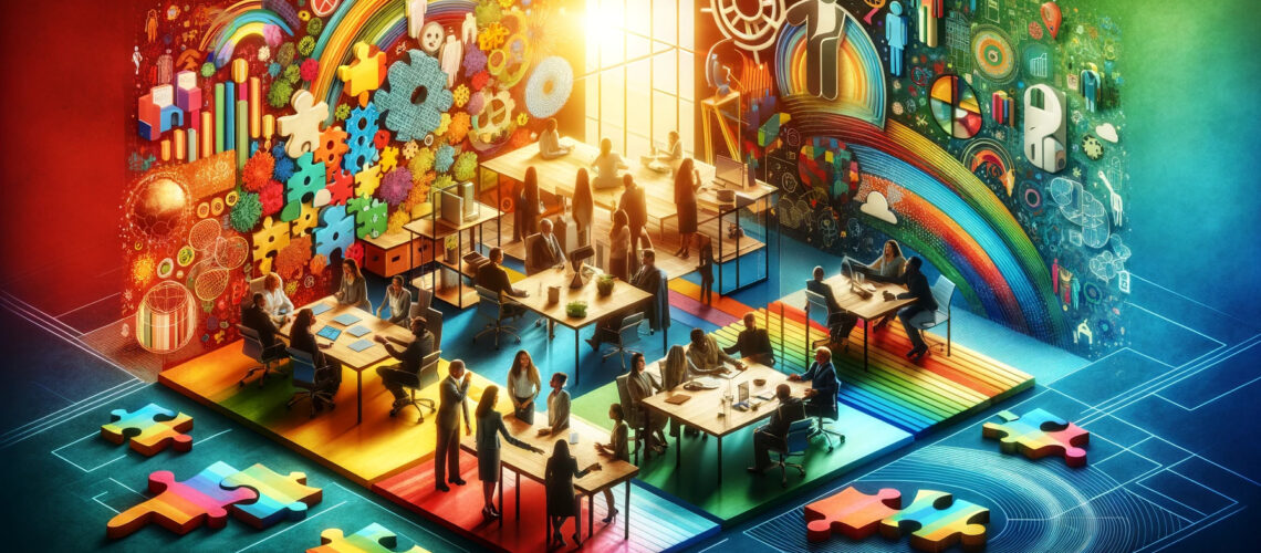 image depicting 'Creating Inclusive and Diverse Environments in New-Age Businesses'. The design is vibrant and progressive, effectively communicating the importance of building inclusive and diverse environments in modern business contexts.