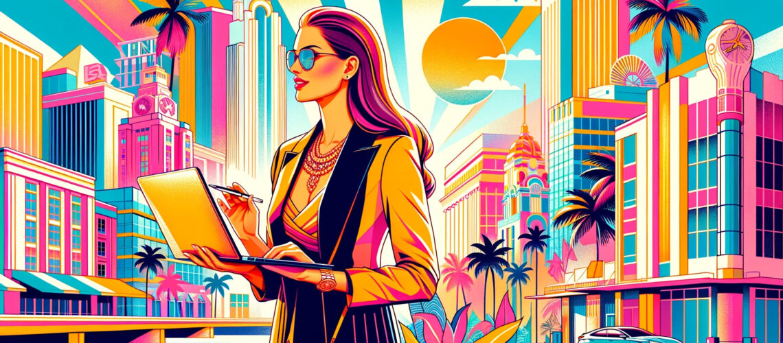 illustration depicting a Miami-based female entrepreneur, designed to reflect the vibrant and colorful Miami style.