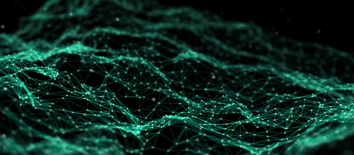 Network connection dots and lines. Technology background. Plexus. Big data background. Green. 3d rendering.